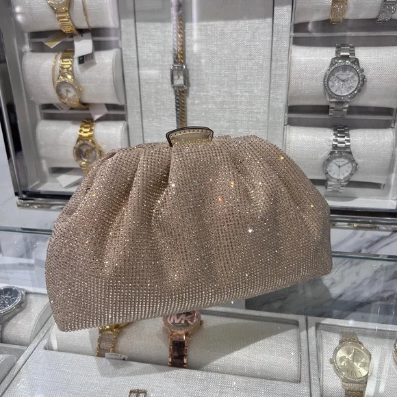 NWT MICHAEL MICHAEL KORS Nola Small Crystal Clutch Chain Crossbody pale gold - Picture 5 of 10